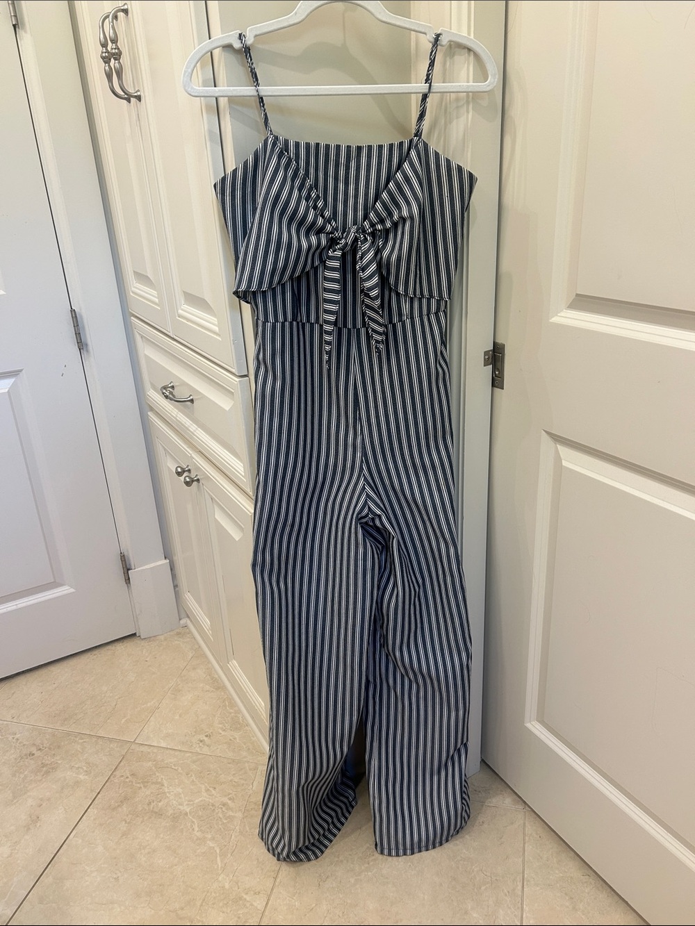 She + Sky Navy and White Striped Tie-Front Wide-Leg Jumpsuit